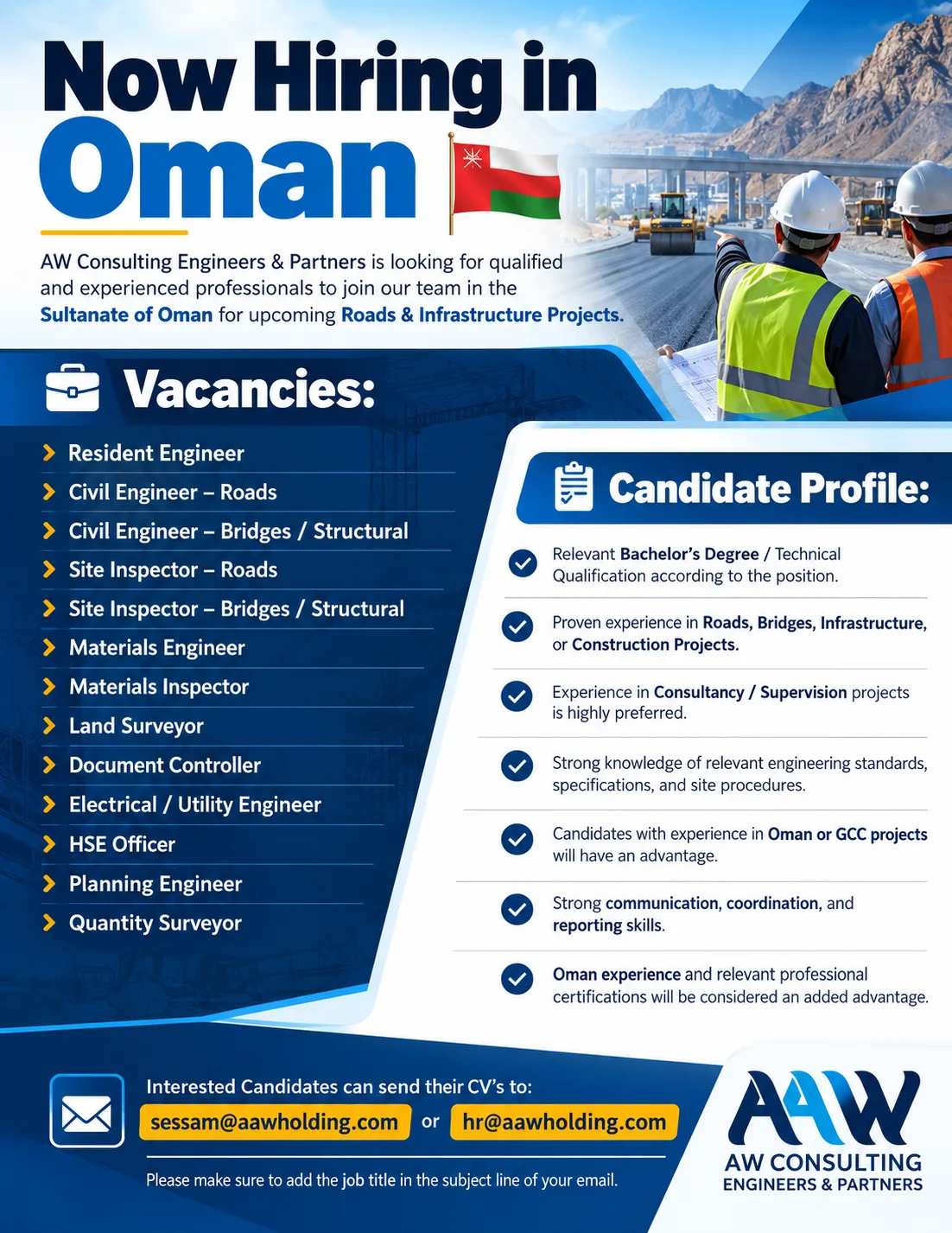 AAW Consulting Engineers Muscat Jobs – Resident Engineer, Civil Engineer – Roads, Civil Engineer – Bridges / Structural