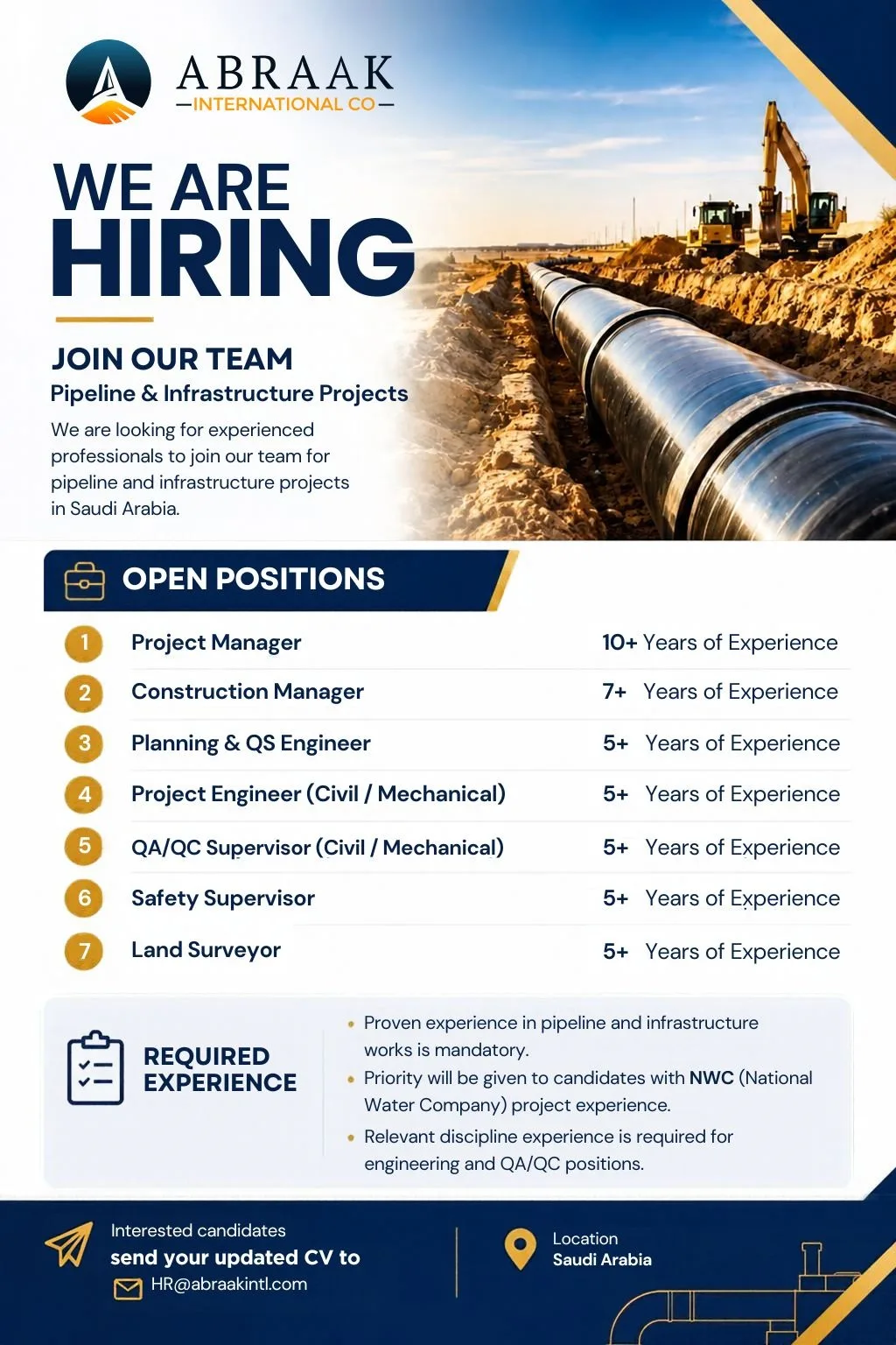 Abraak International Co. Khobar Jobs for Project Manager, Construction Manager, Planning and QS Engineer