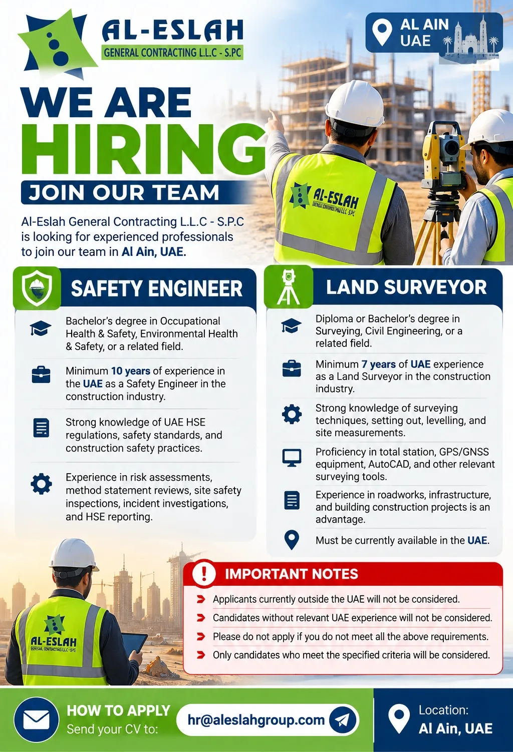 Al Eslah General Contracting LLC Al Ain Jobs for Safety Engineer and Land Surveyor