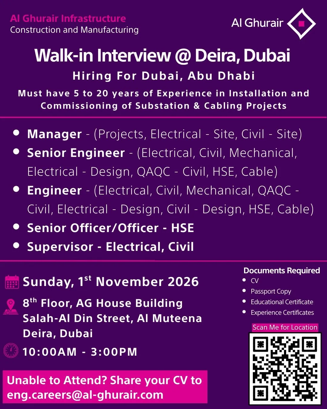 Al Ghurair Infrastructure LLC Dubai Jobs: walk-in interview for Projects Manager, Site Managers, Senior Electrical and Civil Engineers