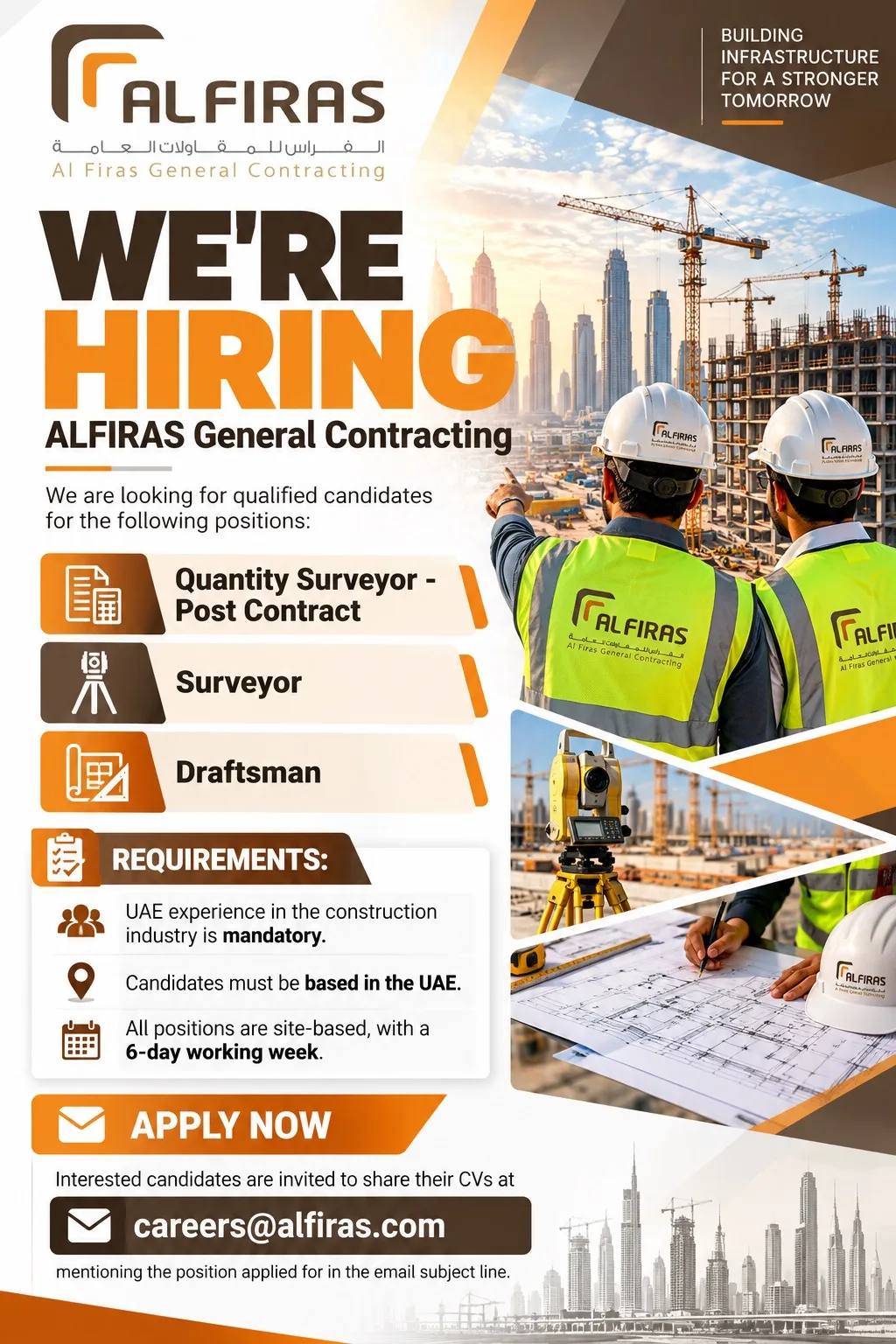 ALFIRAS General Contracting LLC Abu Dhabi Jobs: Quantity Surveyor, Land Surveyor, Draftsman