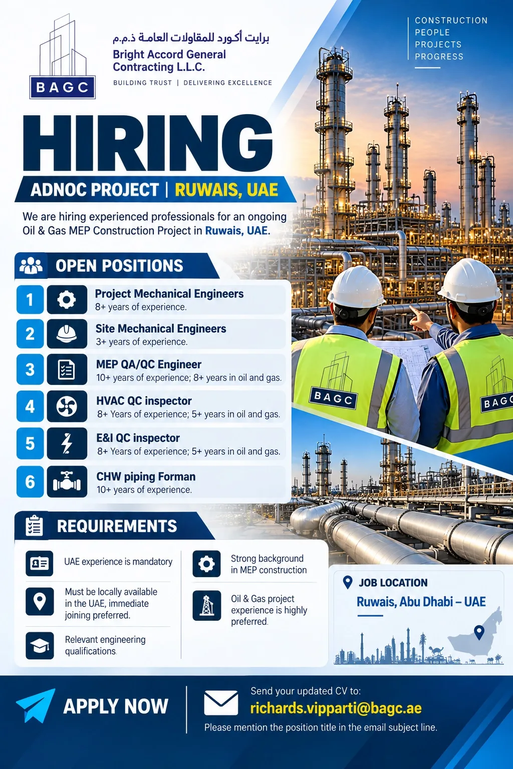 Bright Accord General Contracting LLC Abu Dhabi Jobs: Project Mechanical Engineer, Site Mechanical Engineer, MEP QA/QC Engineer