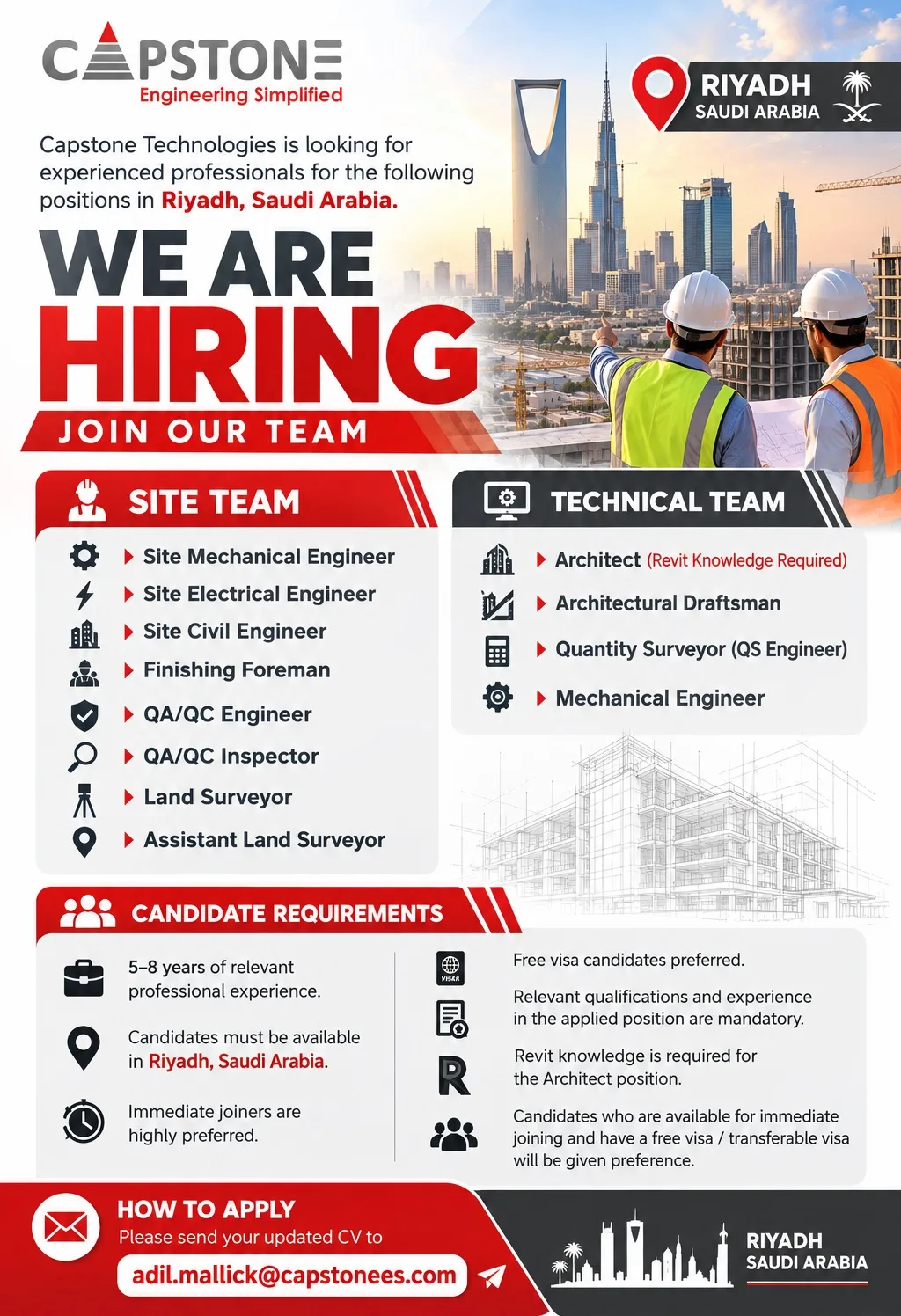 Capstone Technologies LLC Riyadh Jobs for Architect (Revit), Quantity Surveyor, Mechanical Engineer