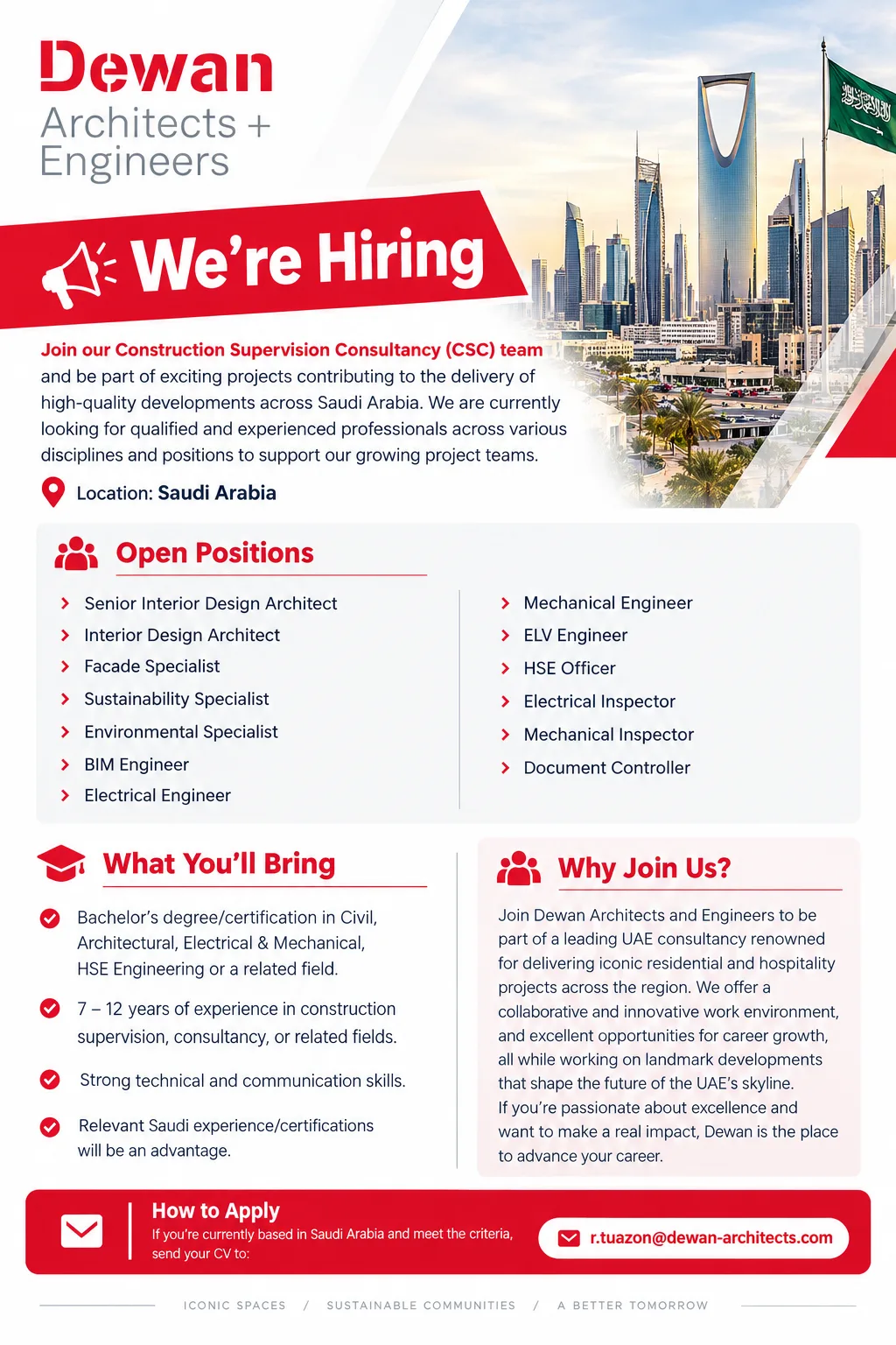 Dewan Architects and Engineering Consultants Riyadh Jobs – Senior Interior Design Architect, Interior Design Architect, Facade Specialist