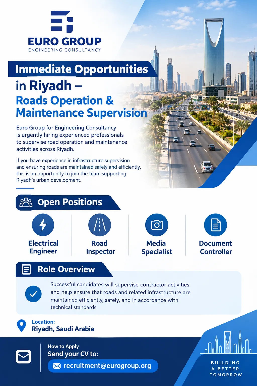 Euro Group for Engineering Consultancy Riyadh Jobs – Electrical Engineer, Road Inspector, Media Specialist