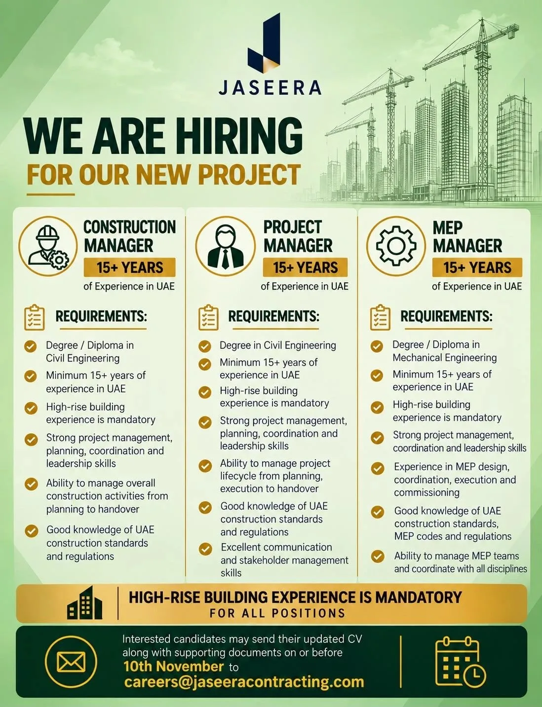 Jaseera Building Contracting LLC Dubai Jobs: Construction Manager, Project Manager, MEP Manager
