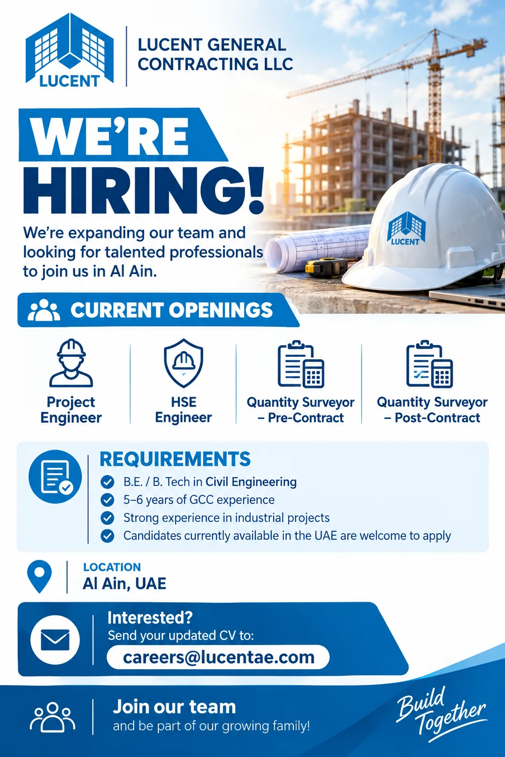 Lucent General Contracting LLC Al-Ain Jobs – Project Engineer, HSE Engineer, Quantity Surveyor