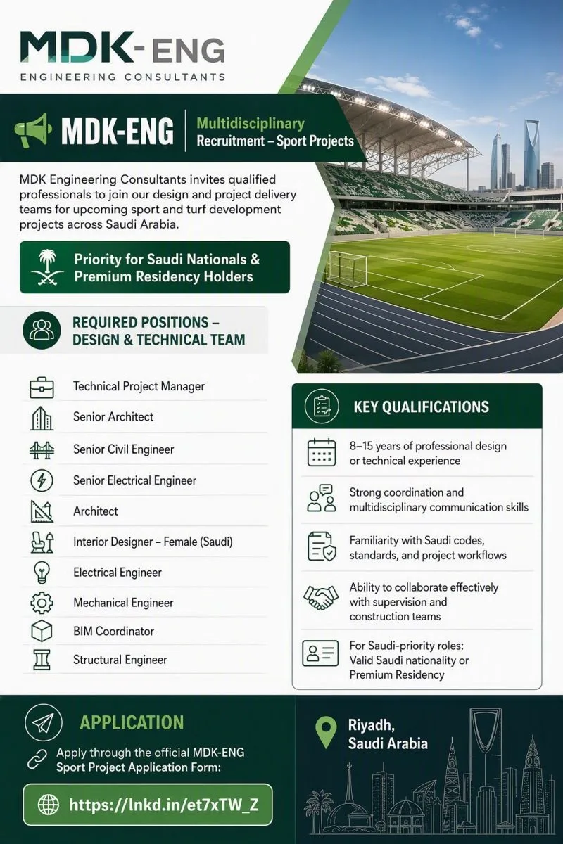 MDK Engineering Consultants Riyadh Jobs – sports project recruitment