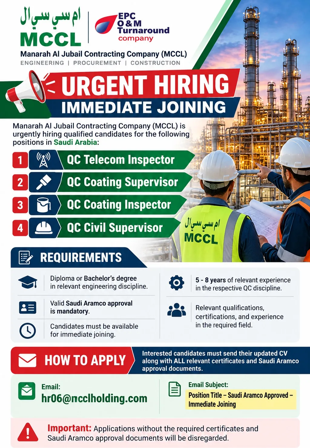 Manarah Al-Jubail Contracting Company (MCCL) Jubail Jobs for Saudi Aramco approved QC Telecom, Coating and Civil roles