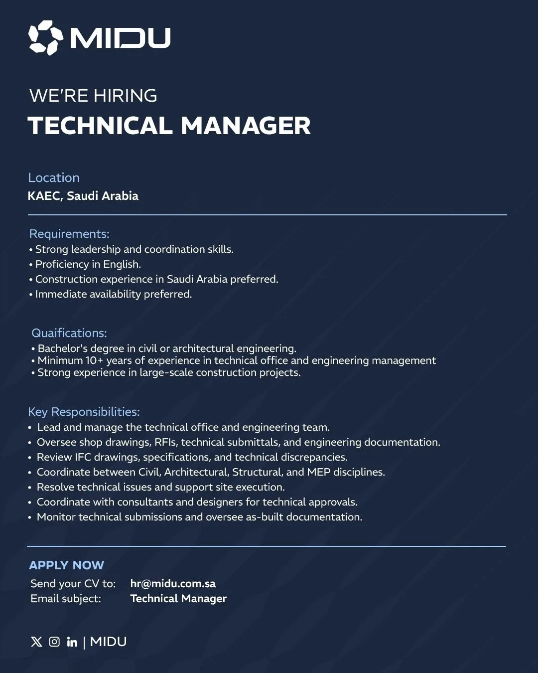 MIDU Technical Manager job in KAEC, Saudi Arabia