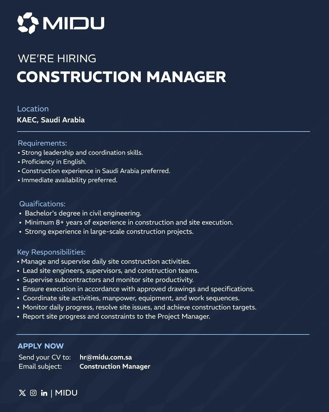 MIDU Construction Manager job in KAEC, Saudi Arabia