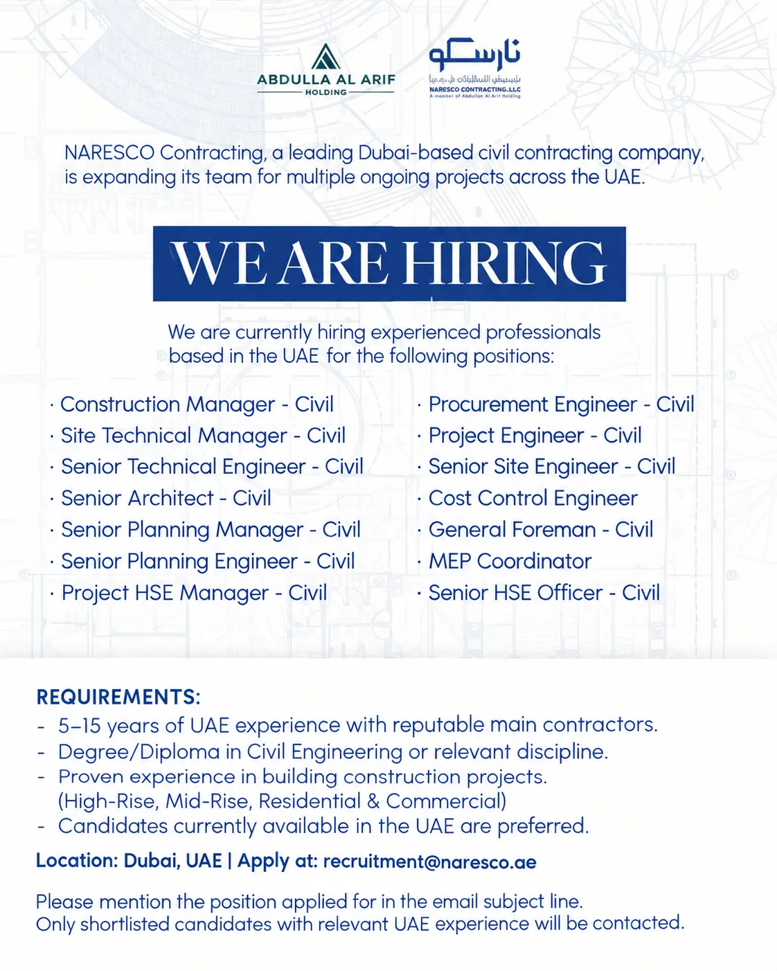 Naresco Contracting Company LLC Dubai Jobs – building construction vacancies