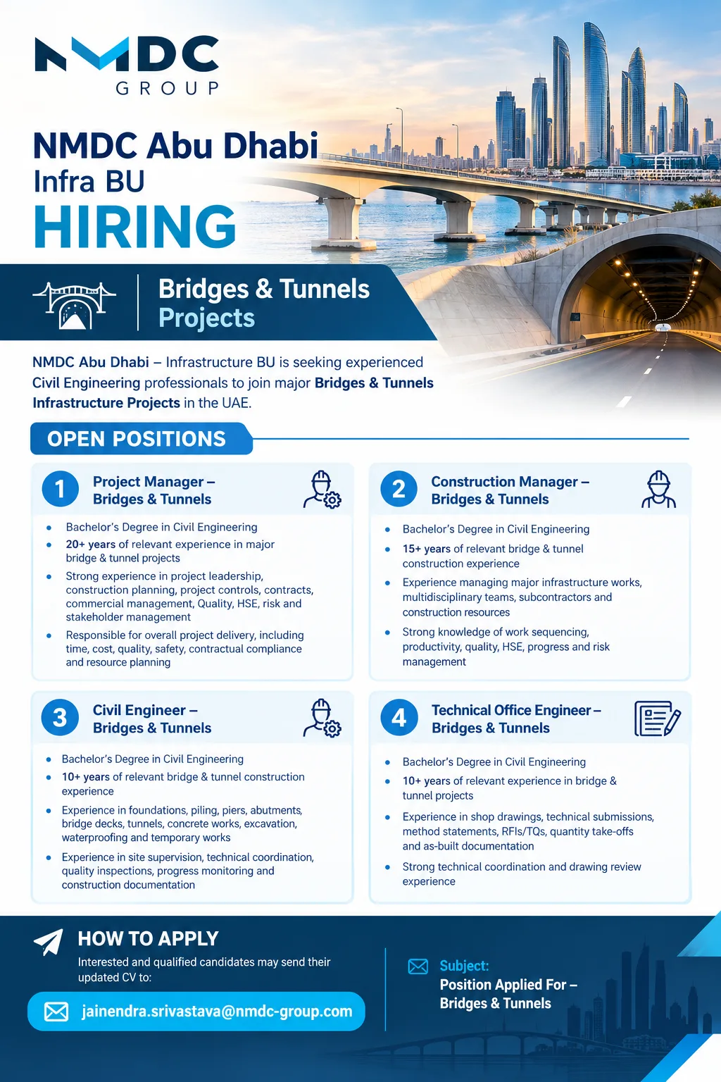 National Marine Dredging Company (NMDC) Abu Dhabi Jobs – Bridges & Tunnels projects