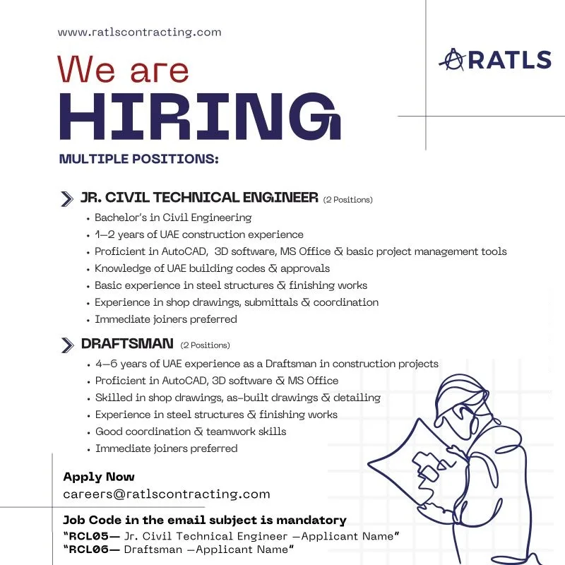 RATLS Contracting LLC Dubai Jobs: Jr. Civil Technical Engineer, Draftsman