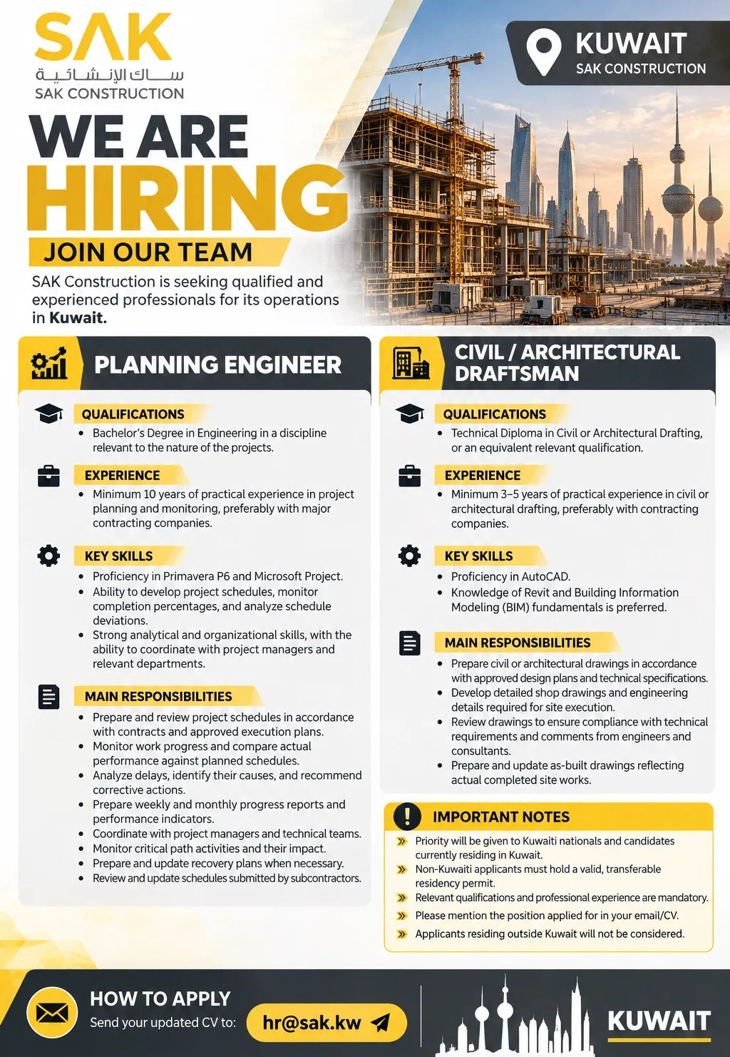 SAK Construction Company Kuwait Jobs for Planning Engineer and Civil / Architectural Draftsman