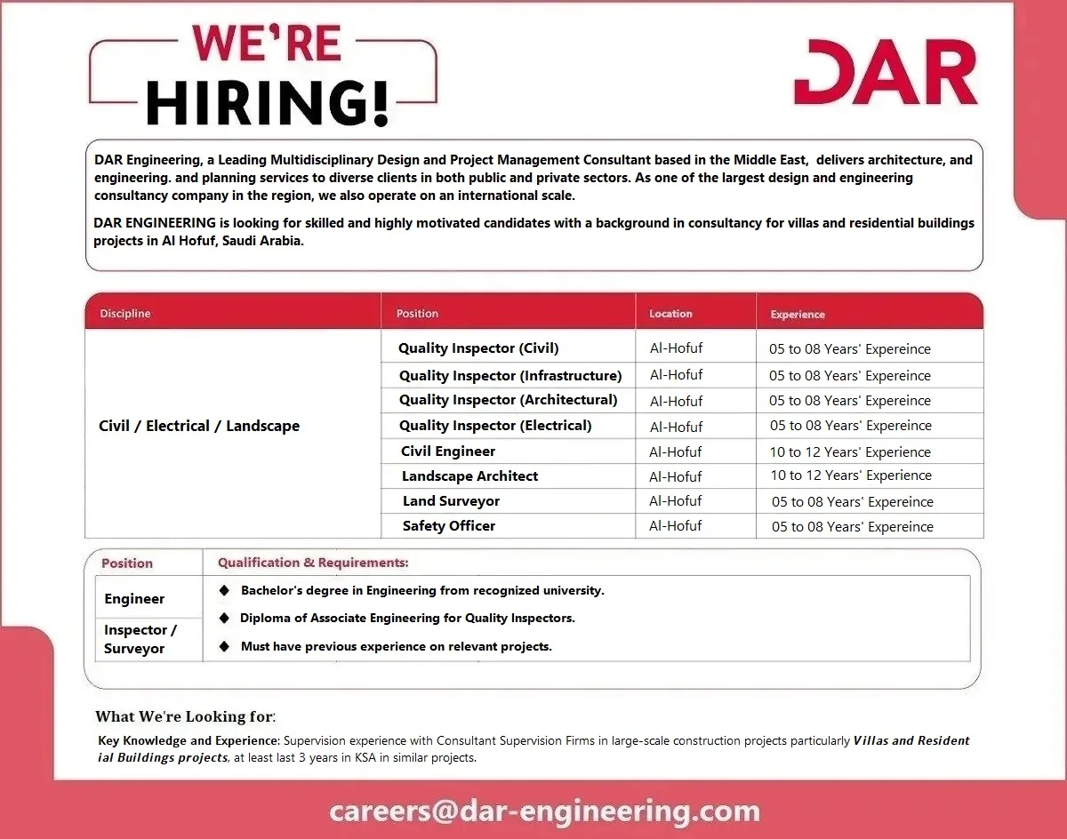 DAR Engineering Consultants Limited Al-Hofuf Jobs